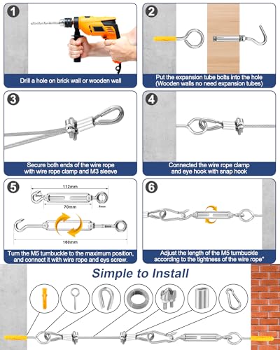 220 FT 1 16" Wire Rope Kit 304 Stainless Steel Cable with M5 Turnbuckles for Cables Wire (220 Foot)
