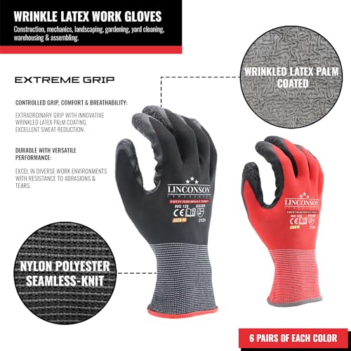12 Pack Safety Performance Series Construction Mechanics Wrinkle Latex Work Gloves