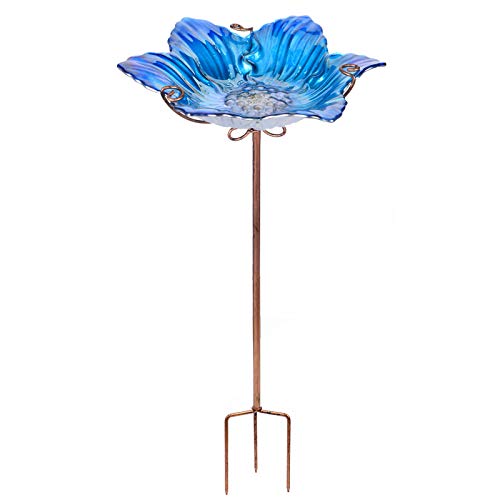 Glass Bird Bath Outdoor Birdfeeder Blue Flower Bowl with Metal Stake