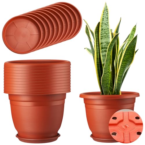 12 Pack 10'' Plastic Plant Pots Round Planter Pots with Saucer Tray Seedling Pots with Holes Seed Resin Plant Pot Starting Nursery Flower Container with Pallet for Garden Outdoor Indoor (Brown / 10'')