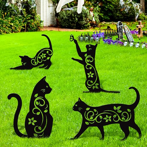 4 Pack Black Cat Silhouette Cute Metal Cat Garden Statues Bird Repellent Decorative Garden Stakes for Yard (4 Count)