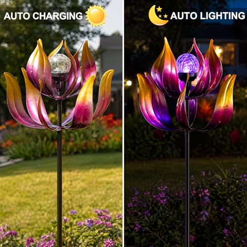 Solar Wind Spinner Outdoor Metal Decor (61" Purple Lotus)