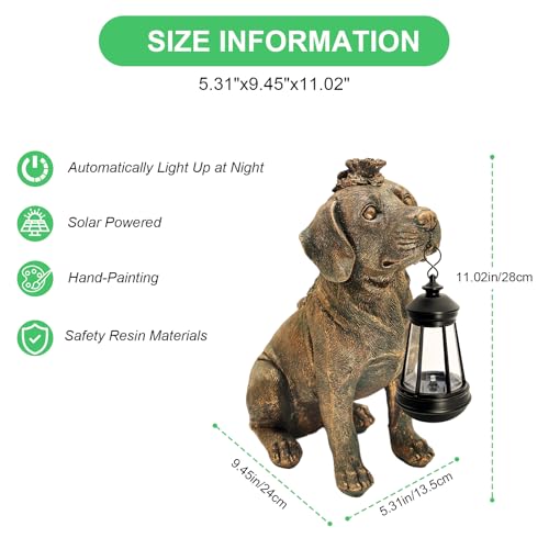 Garden Statue Dog Figurine Decor with Solar Lights 11in Outdoor Decoration (Bronze - Dog with Lantern)