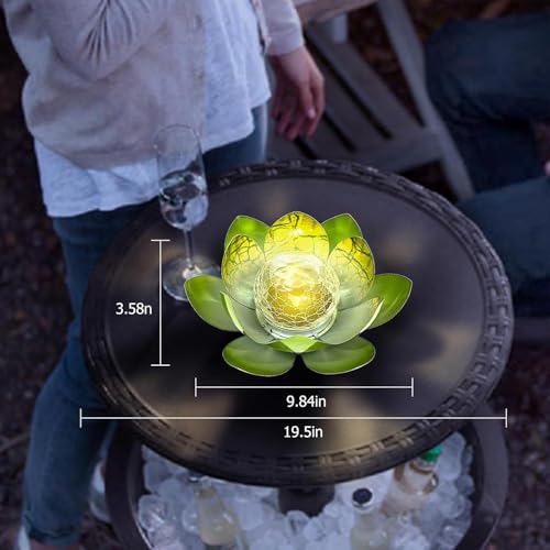 Solar Lights Outdoor Garden Decoration Crackle Globe Glass Waterproof LED Metal Green Lotus Flowers Gift for Mom (Green)