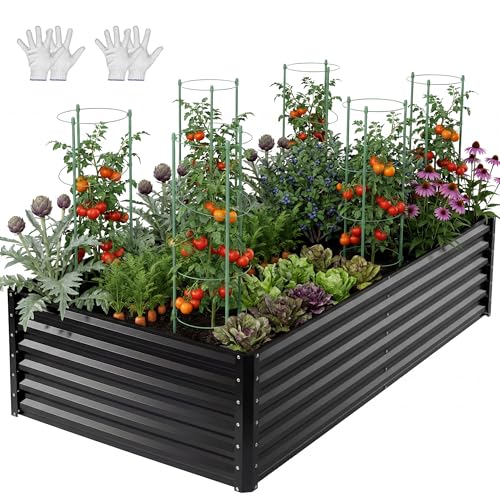 2pcs 8x4x2ft Galvanized Raised Garden Bed with Tomato Cages (Black / 8x4x2ft 2pcs W/ Trellis)