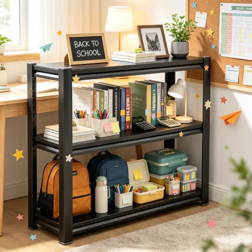 Heavy Duty Metal Bookshelf Adjustable 3 Tier Book Shelf with Bolt (3Tier 31.5"H×35.4"W×13.8"D)