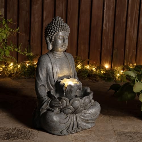 Buddha Fountain Outdoor with Pump & LED Light 23.25" H (Concrete Buddha W/Lotus Leaf&flower Basins / 23.25"H)