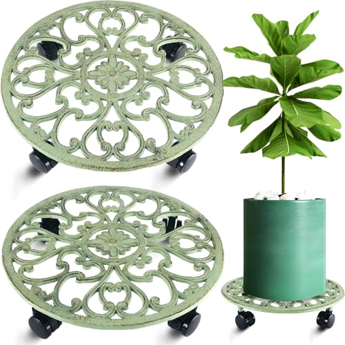 2 Packs 14 Inch Rolling Plant Stand with Wheels Metal Plant Caddy with Wheels Heavy Duty Round Plant Stand Indoor Iron Plants Rollers for Plants (14 inch: 2 pcs / Retro Green)