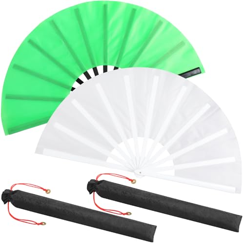 2 Packs Large Folding Hand Fans (White and Green)