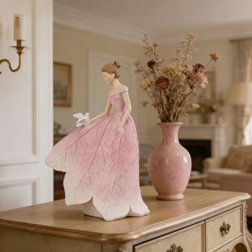 Pink Leaf Angel Girls Fairy Statue (Pink-bird / Large)