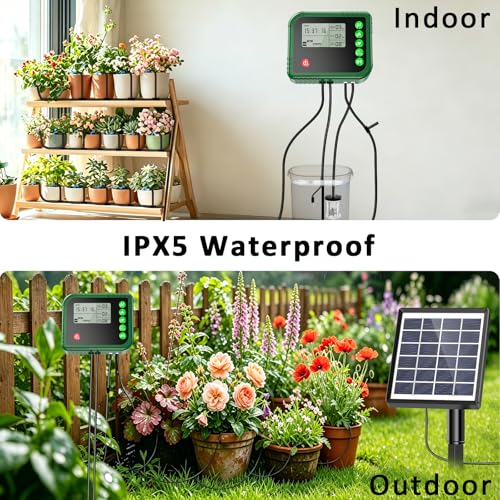 Solar Automatic Drip Irrigation Kit with Timer and Water Sensor for 15 Potted Plants Self Watering System DIY Plant Waterer Auto