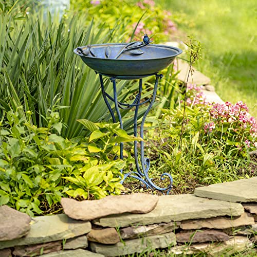 Deep Well Made Metal Birdbath with 2 Cast Iron Birds and Leaf Decoration