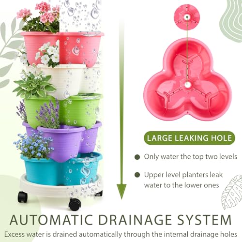 2 Set Multicolor 5 Tier Stackable Vertical Planters with Removable Wheels and Tools Tower Planters Herb Flower Strawberry Vegetable Pots Indoor Outdoor Gardening Pots (5 Tier / Multicolor)