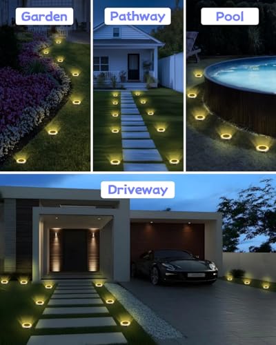 Mini Solar Ground Lights 2 Pack Outdoor IP65 Waterproof Solar Flat Garden Light Solor Powered Disc Pathway Lights for Outside Walkway Yard Landscape Patio Lawn Driveway (Warm White / 2 Pack)