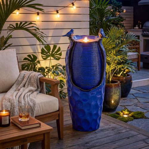 Autodaya 33" Vase Ceramic Outdoor Water Fountain with Lights and Birds (33"h-hammered Cobalt Blue)