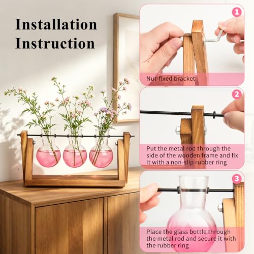 Plant Terrarium Kit with Wooden Stand 3 Gradient Pink Bulb Vases (Pink)