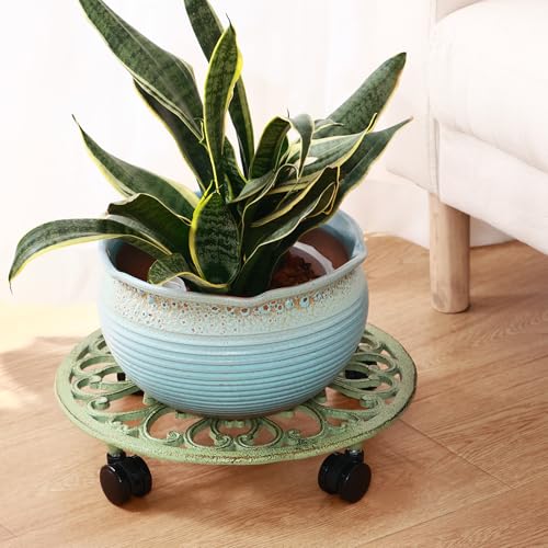 2 Packs 14 Inch Rolling Plant Stand with Wheels Metal Plant Caddy with Wheels Heavy Duty Round Plant Stand Indoor Iron Plants Rollers for Plants (14 inch: 2 pcs / Retro Green)