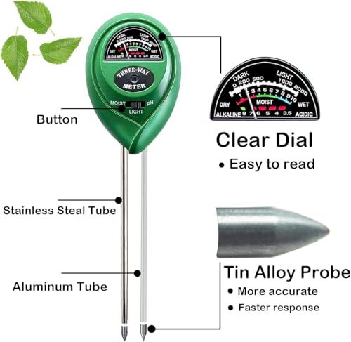 3-in-1 Soil Moisture Meter, Upgraded Stainless Steel Probe Soil pH/Light/Moisture Meter for Plants, Soil Tester for Garden, Farm, Lawn, Indoor & Outdoor (No Battery Needed)