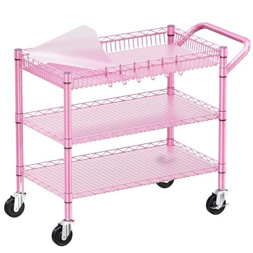 Pink Rolling Utility Cart with Wheels (Pink-3 Tier)