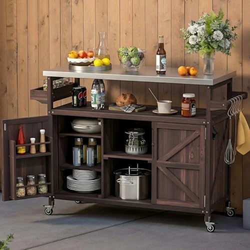 MEETFFAV 50.25" W Grill Cart with Stainless Steel Tabletop (Brown F)