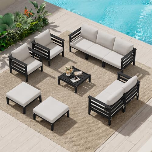 HDPE Outdoor Furniture Set (Black/Khaki / 10 Pieces)