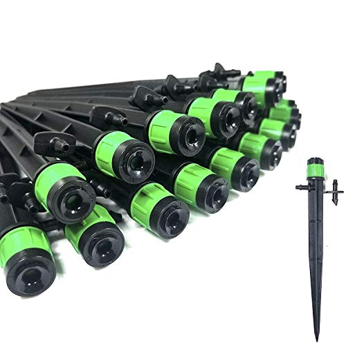100-PACK) - 1/4" Inch 360 Degree Drip Emitter On 5" Stake Sprayer Adjustable Flow 0-20 GPH, Fits 1/4 (4-6mm) Irrigation Tubing - Micro Bubbler Drippers for Drip Irrigation (100 Pack Dripper on Stake)