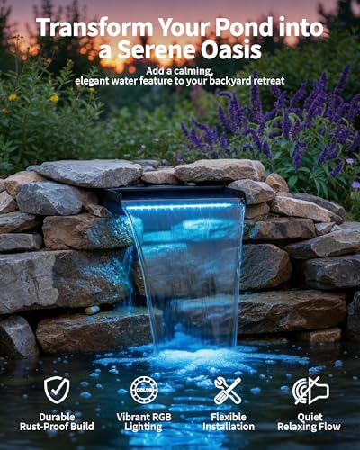 12inch Pond Waterfall Spillway with RGB LED Lights & 660GPH Pump Kit (12INCH with Remote Lights)