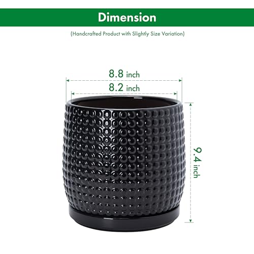Beaded Ceramic Pot with Saucer (8.8 Inch / Glossy Black)
