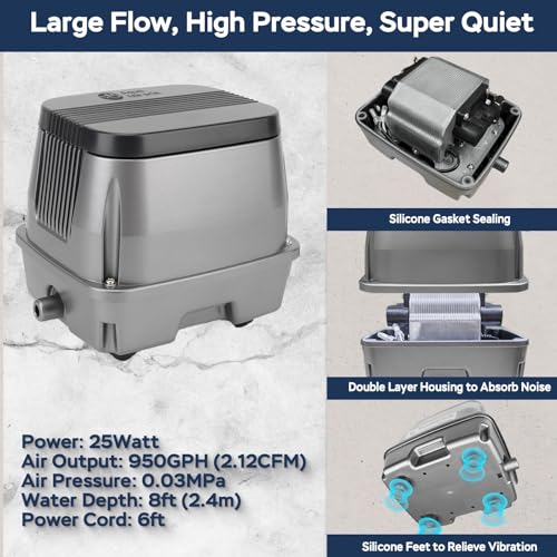 All-in-1 Koi Pond Aeration Kit Pond Air Pump with Self-Sinking Airline Rubber Air Diffuser, Air Flow Control Pond Aerator for Outdoor Pond 10,000-15,000 Gallons