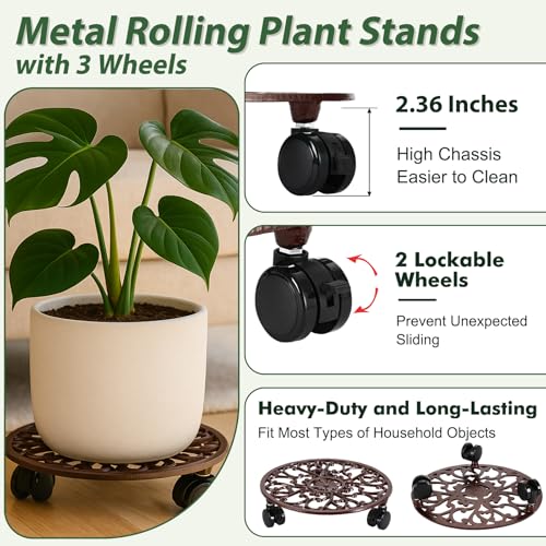 3 Pack 11 In Rolling Plant Stand with Wheels Metal Plant Caddy with Wheels (11 inch: 3 pcs / Brown)