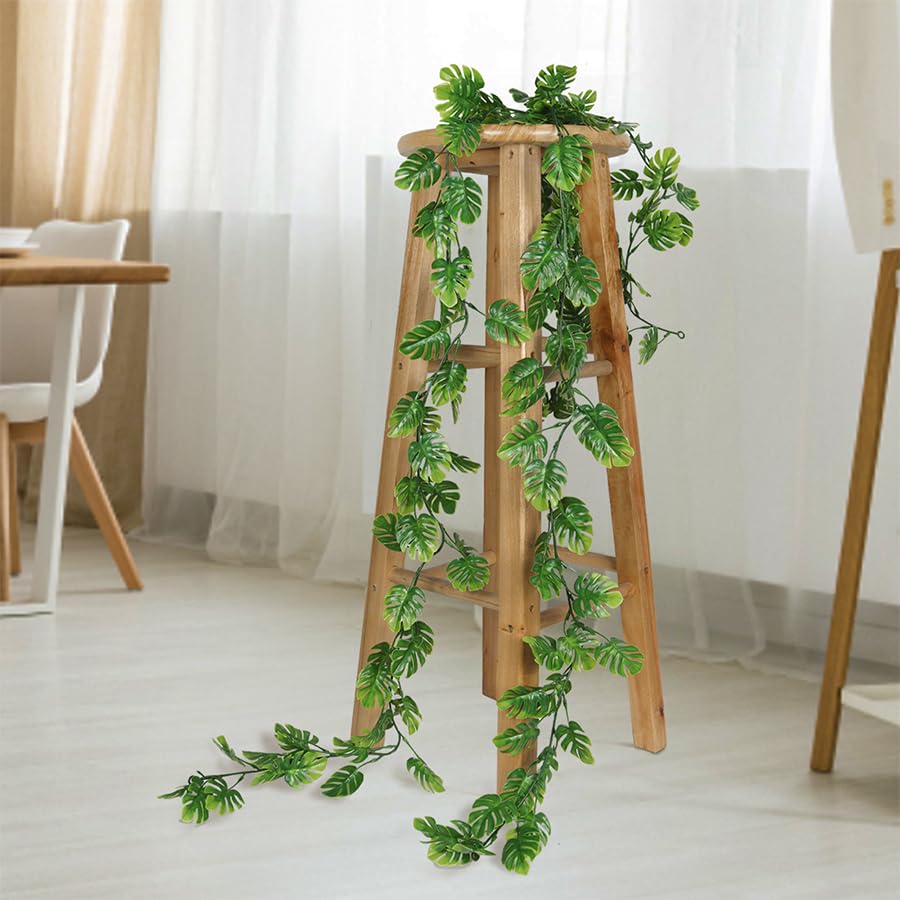 6Pc Artificial Monstera Leaves Vine 5.9FT Plastic Palm Ivy Garland (Green Plam S 6p)