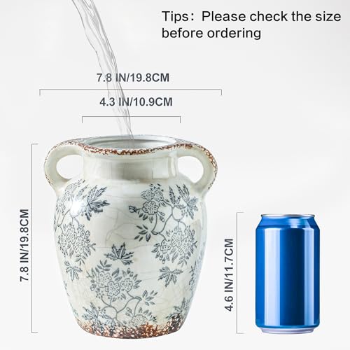 Blue and White Ceramic Vase with Handles (01-blue and White-7.8 in)