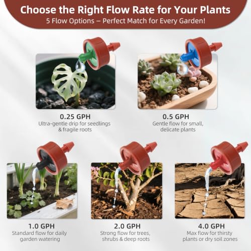 300PCS Mixed GPH Pressure Compensating Drip Irrigation Spot Watering Drippers (0.25/0.5/1/2/4 GPH / Mixed 300PCS)