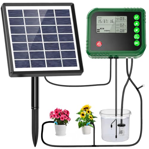 Solar Automatic Drip Irrigation Kit with Timer and Water Sensor for 15 Potted Plants Self Watering System DIY Plant Waterer Auto