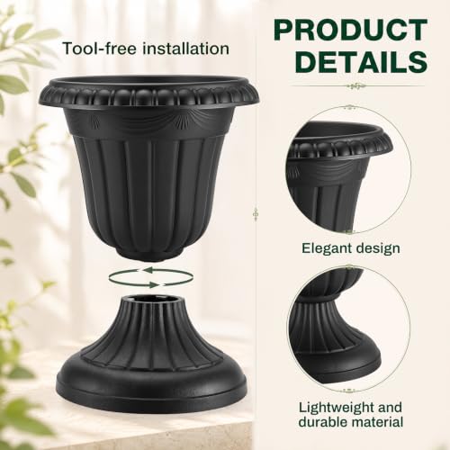 4 Pcs 13 x 15 Inches Black Plastic Urn Planter Classic Flower Pots Front Porch Planters Indoor Outdoor Planters with Pedestal for Wedding Party Bridal Shower Garden Patio Porch (13 x 15 Inches / Black)