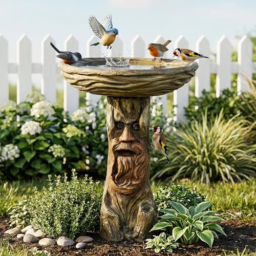 24” Tall Outdoor Tree Face Bird Bath (24inch / Wood+Brown)