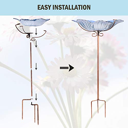 Glass Bird Bath Outdoor Birdfeeder Blue Flower Bowl with Metal Stake