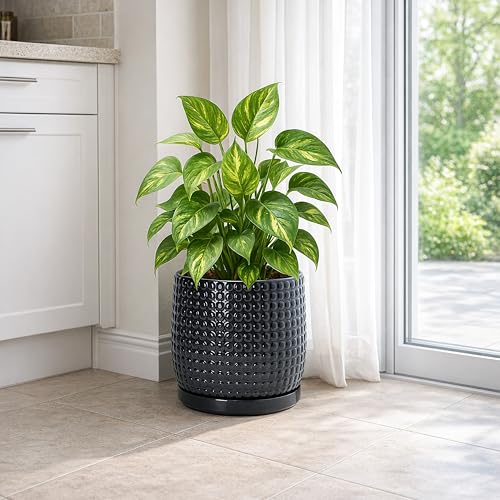 Beaded Ceramic Pot with Saucer (8.8 Inch / Glossy Black)