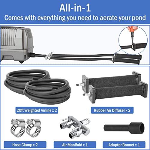 All-in-One Koi Pond Aerator for Outdoor Ponds 10000-15000 Gallons, Pond Air Pump Pond Aeration System with Self-Sinking Airline Flow Control Rubber Air Diffuser