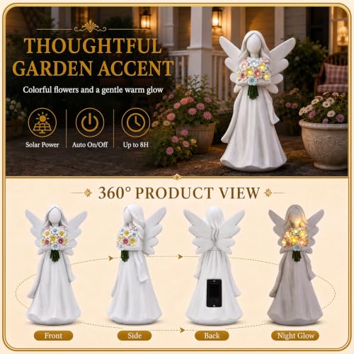 Solar Angel Garden Statue with Glowing Flowers (White)