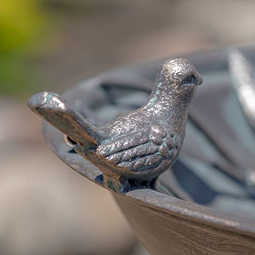 Deep Well Made Metal Birdbath with 2 Cast Iron Birds and Leaf Decoration