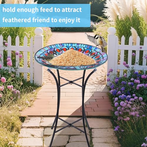 Mosaic Glass Bird Baths with Metal Stand for Garden Decor