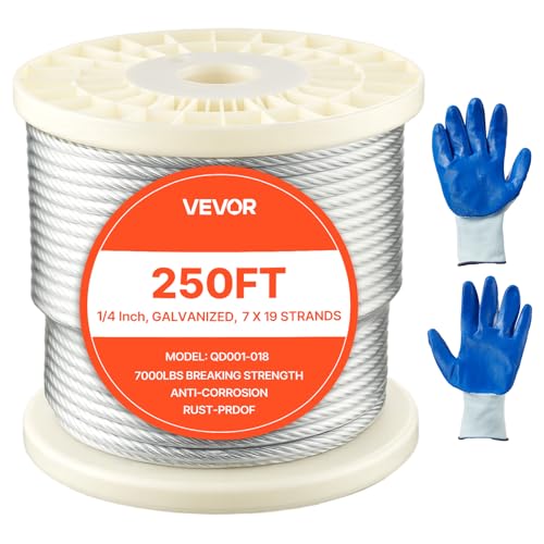 Wire Rope, 1/4" 250 ft Zinc Galvanized Carbon Steel Cable with Gloves, 7000 lbs Breaking Strength, 7 x 19 Strands Construction Marine Aircraft Grade for Handrail Stair Decking Fence Outdoors