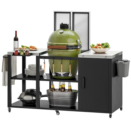 XL Outdoor Grill Table with Stainless Steel Tabletop (Black / 62.6"L x 23.6"W x 33.1"H)