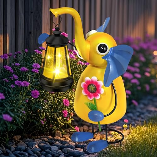 Solar Garden Lights 14.17in Metal Elephant Statue with Solar Lantern Lights (Solar Elephant With Lights)