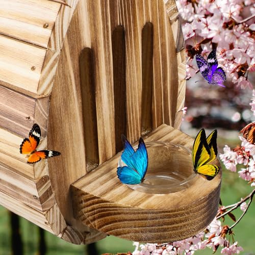 Butterfly House Wooden Habitat Natural Nesting Box Garden House with Feeder Hanging for Bee Butterfly Ladybirds for Garden Outside