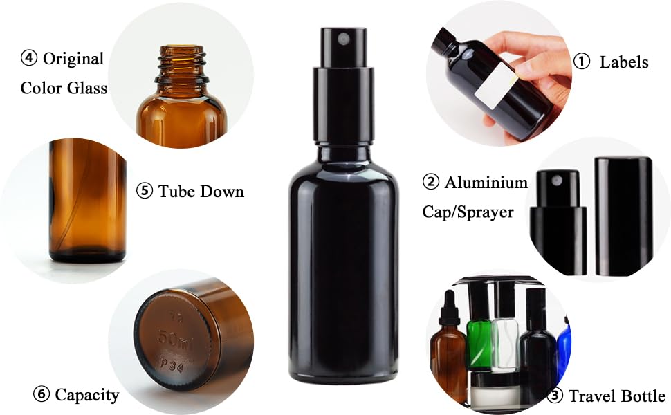 Black Glass Spray Bottles 2oz (6 Count)