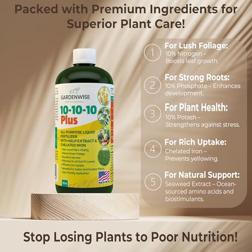 10-10-10 All Purpose Plant Food - Liquid Fertilizer with Seaweed Kelp & Iron - Indoor & Outdoor Plant Food, Vegetables, Flowers, Lawn & Garden 1x32oz (32 Ounce)