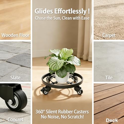 12" Metal Plant Caddy Heavy Duty Plant Stand with Wheels Wrought Iron Potted Brake Flower Pot Rack Rollers Mover Dolly Holder Indoor Outdoor Planter Trolley Caster