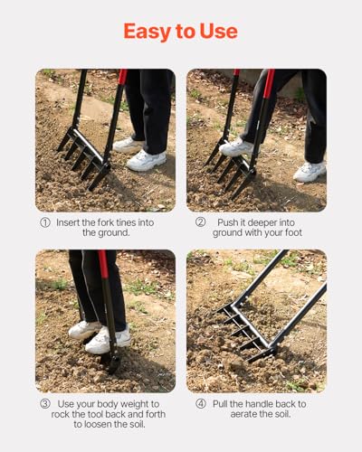 Broad Fork, 5-Tine Pitchfork with Dual Fiberglass Handles, Heavy Duty Garden Fork, Ergonomic U-Shaped Design Broadfork Hand Tiller, Gardening Tool for Composting Transplanting Aeration